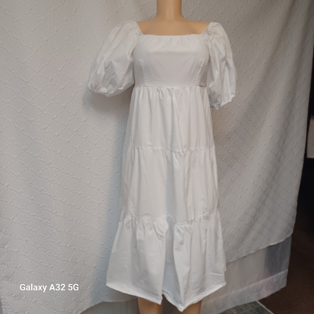 SIM Y SAM Women Size M Elegant White Puff Sleeve Dress100% Cotton Lining